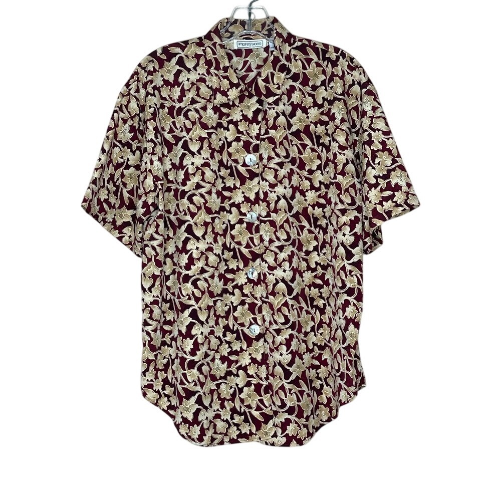 Impressions of California Cottagecore Burgundy Tan Floral Button Down Blouse M